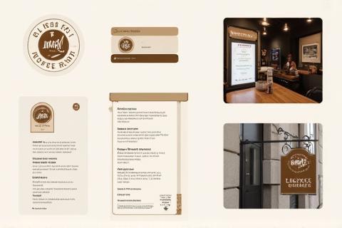Branding examples for a local cafe, showing logo, menu, and signage