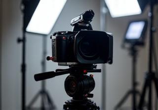 Professional video production camera setup with lights